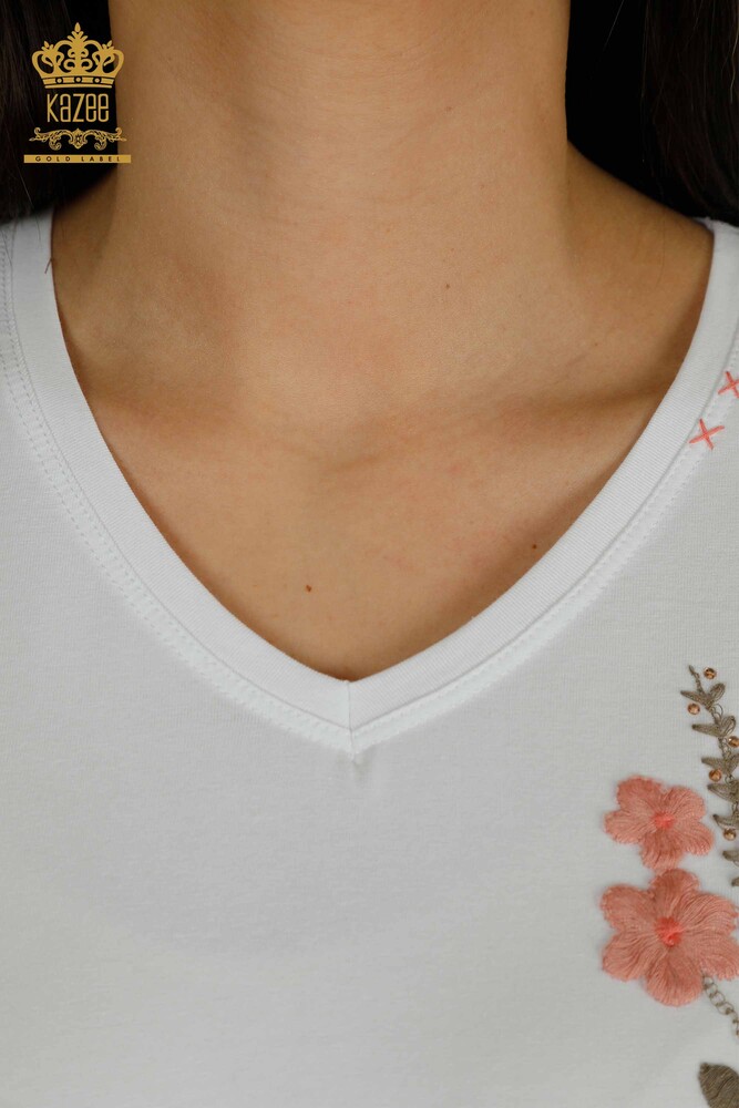 Großhandel Damen Bluse - Blumen Stickerei - Weiß - 79466 | KAZEE - 3