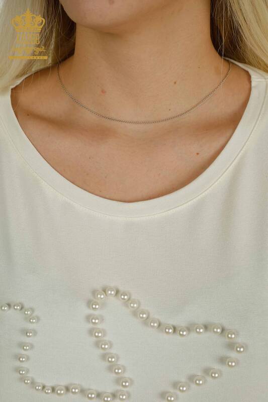 Großhandel Damenbluse Perlenstickerei Ecru - 79196 | KAZEE