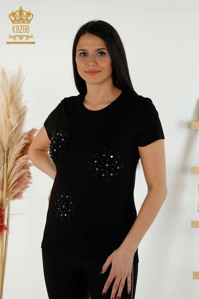 Großhandel Damen Bluse - Perlenbestickt - Schwarz - 79201 | KAZEE - Thumbnail