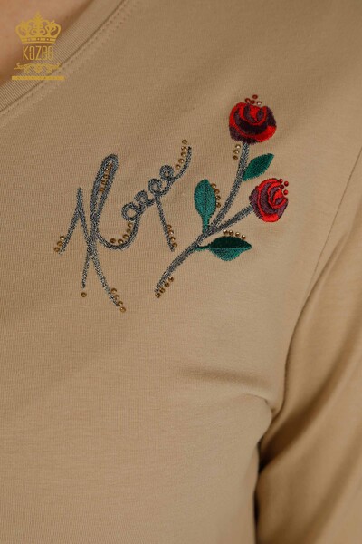Großhandel Damen Bluse - Rose bestickt - Beige - 79867 | KAZEE - Thumbnail