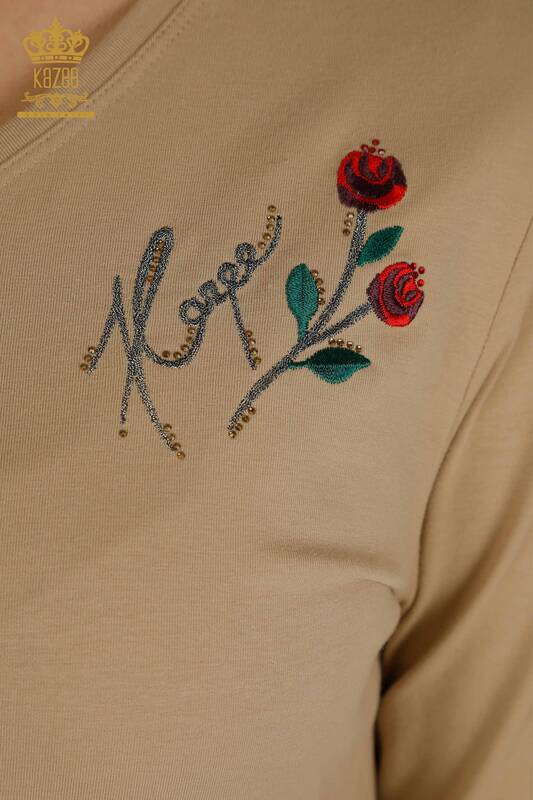 Großhandel Damen Bluse - Rose bestickt - Beige - 79867 | KAZEE