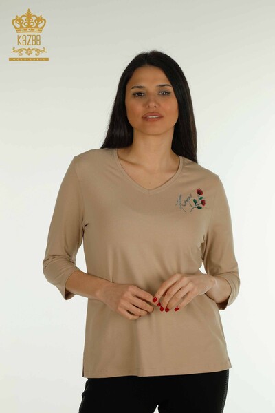 Großhandel Damen Bluse - Rose bestickt - Beige - 79867 | KAZEE - Kazee