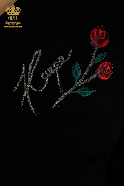 Großhandel Damen Bluse - Rose bestickt - Schwarz - 79867 | KAZEE - Thumbnail