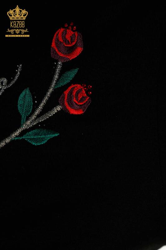 Großhandel Damen Bluse - Rose bestickt - Schwarz - 79867 | KAZEE