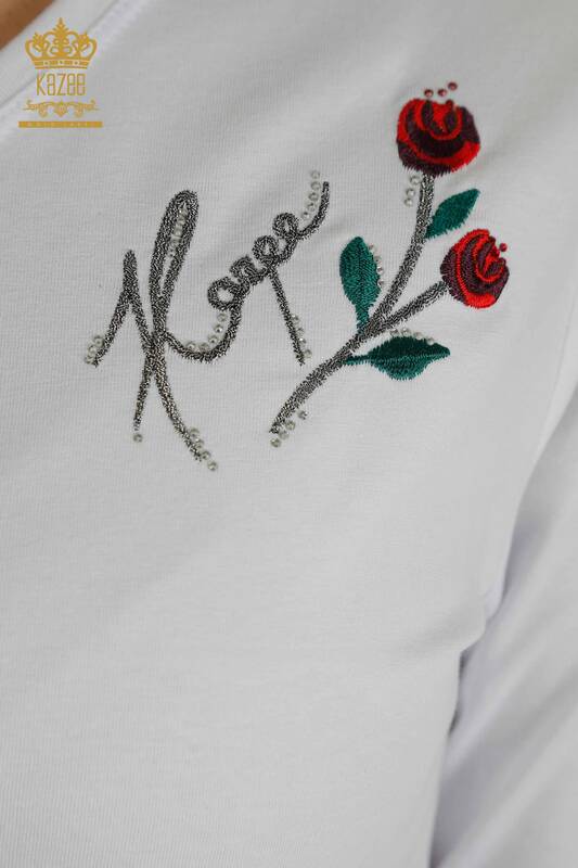 Großhandel Damen Bluse - Rose bestickt - Weiß - 79867 | KAZEE