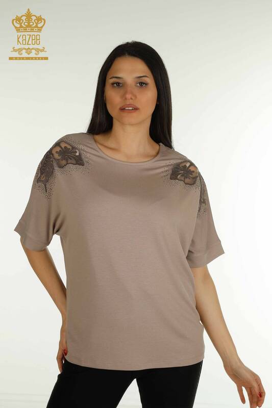 Großhandel Damen bluse - Schulter details - Nerz - 79527 | KAZEE