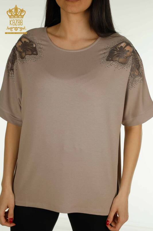 Großhandel Damen bluse - Schulter details - Nerz - 79527 | KAZEE
