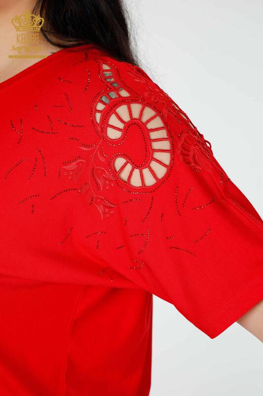 Großhandel Damen Bluse - Schulter detailliert - Rot - 77985 | KAZEE