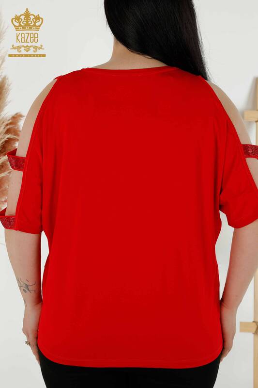 Großhandel Damenbluse Schulter Detailliert Rot - 79108 | KAZEE