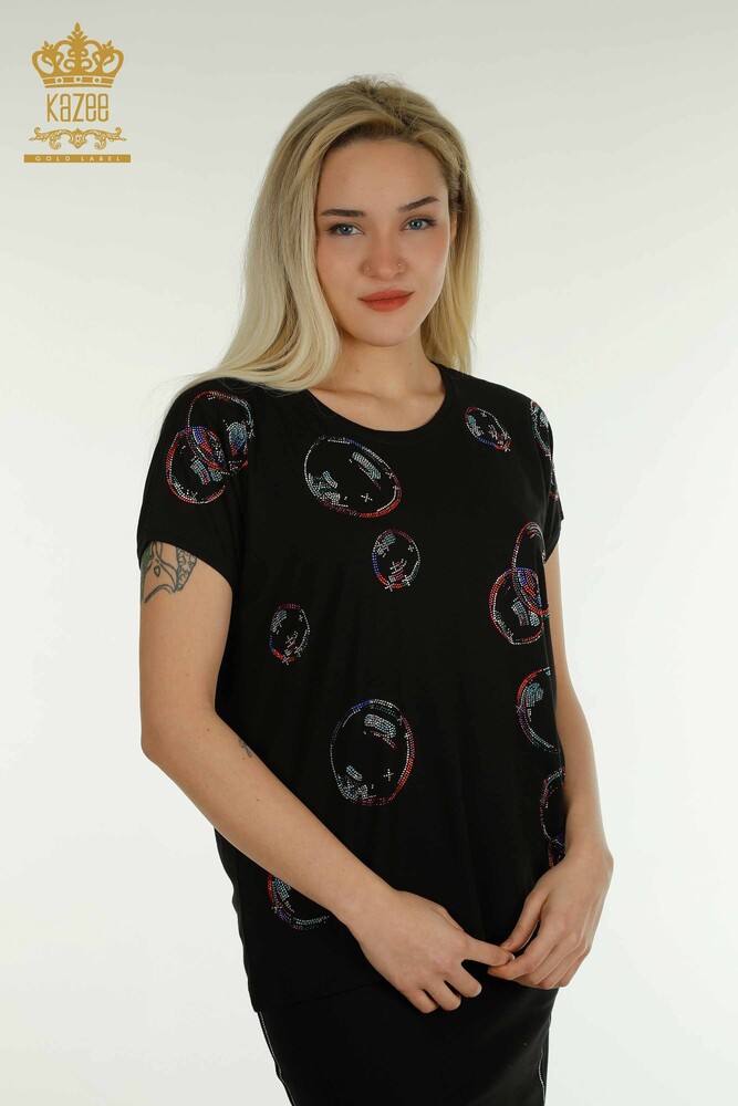 Großhandel Damen bluse - Stein bestickt - Schwarz - 79359 | KAZEE - 1