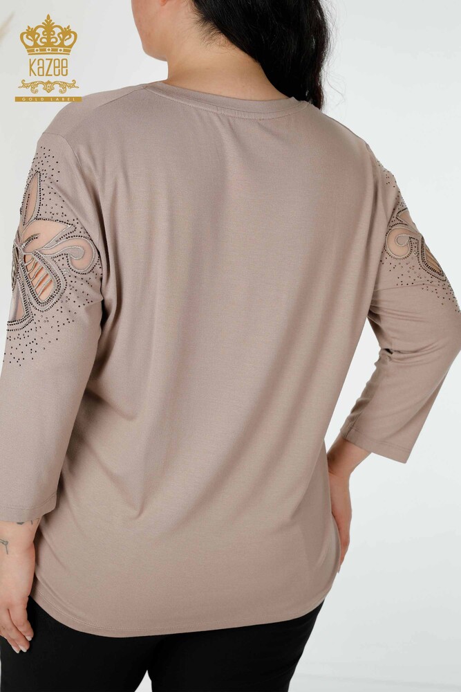 Großhandel Damenbluse - Stein bestickt - V-Ausschnitt - Beige - 77927 | KAZEE - 7
