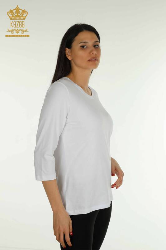 Großhandel Damen bluse - Stein Bestickt - Weiß - 79565 | KAZEE