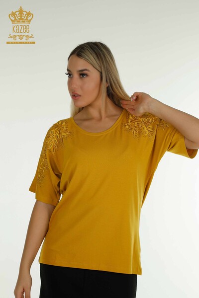 Großhandel Damen bluse - Stein bestickt - Safran - 79097 | KAZEE - Thumbnail