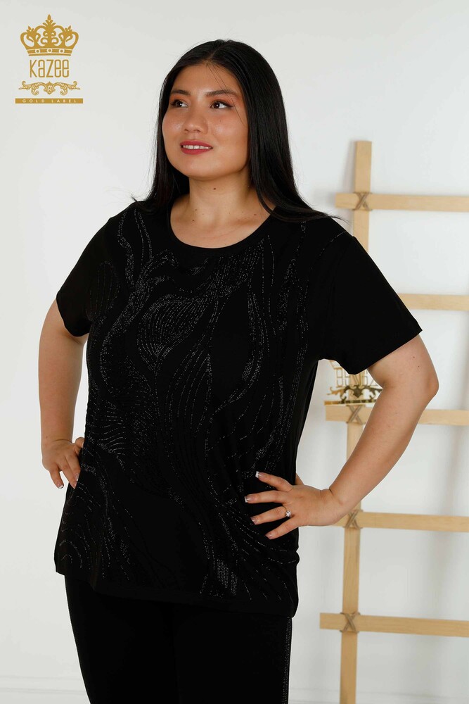 Großhandel Damen bluse - Stein bestickt - Schwarz - 79329 | KAZEE - 1