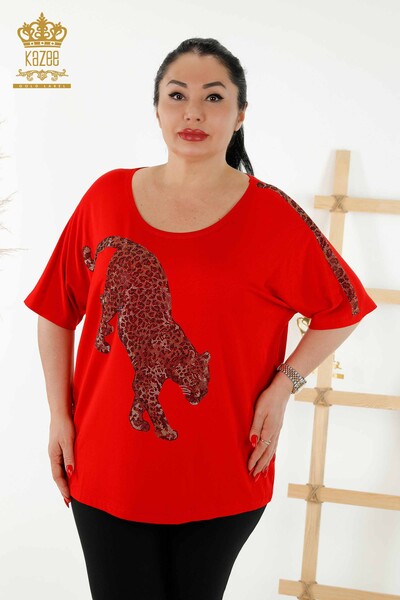 Großhandel Damenbluse - Tiger Detail - Rot - 77683 | KAZEE - Thumbnail