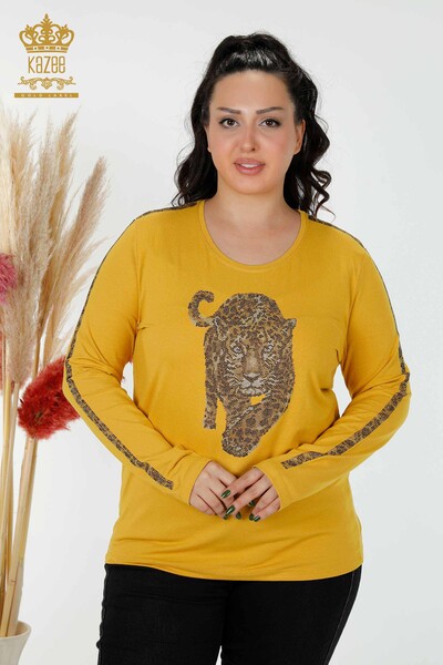 Großhandel Damen Bluse mit Tiger Muster Safran-79050 / KAZEE - Thumbnail