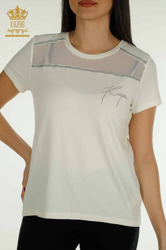 Großhandel Damen bluse - Tüll detailliert - Ecru - 78996 | KAZEE