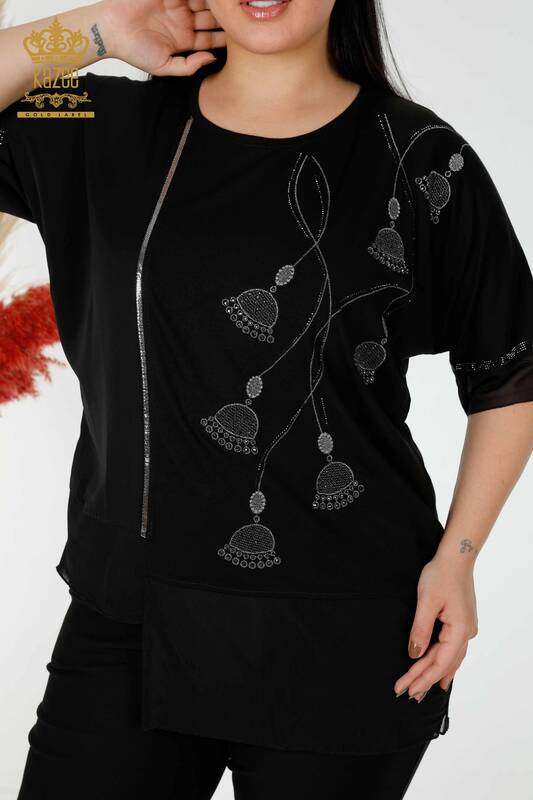 Großhandel Damenbluse Tüll detailliert gemustert schwarz - 78871 | KAZEE