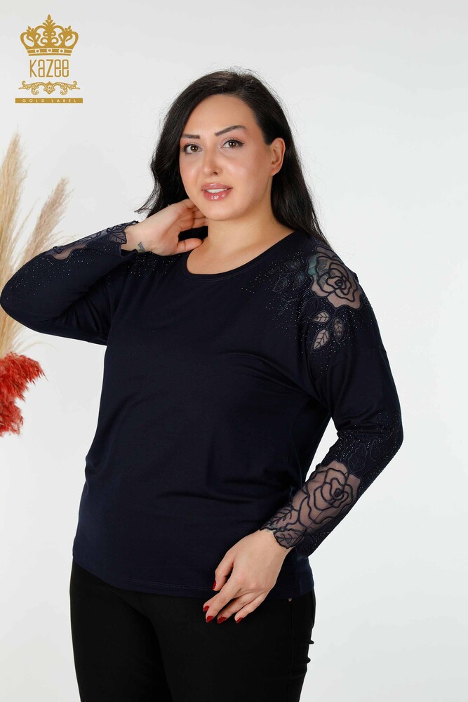 Großhandel Damenbluse Tüll Detaillierte Navy - 77973 | KAZEE - 1