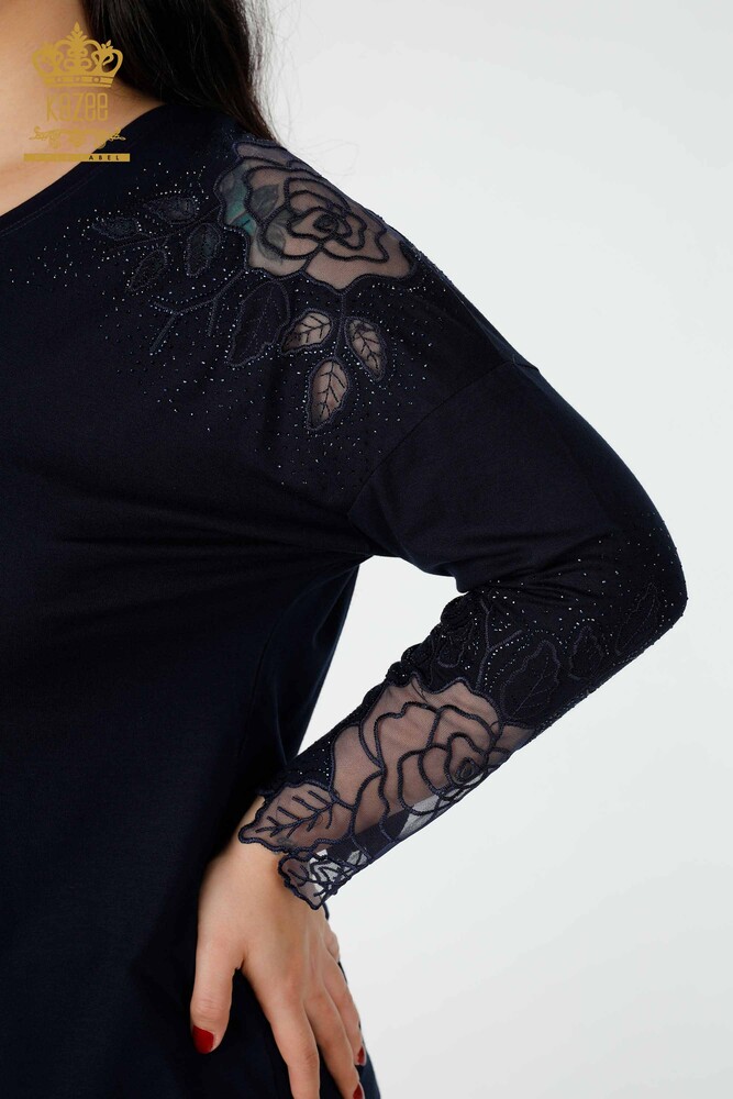 Großhandel Damenbluse Tüll Detaillierte Navy - 77973 | KAZEE - 4