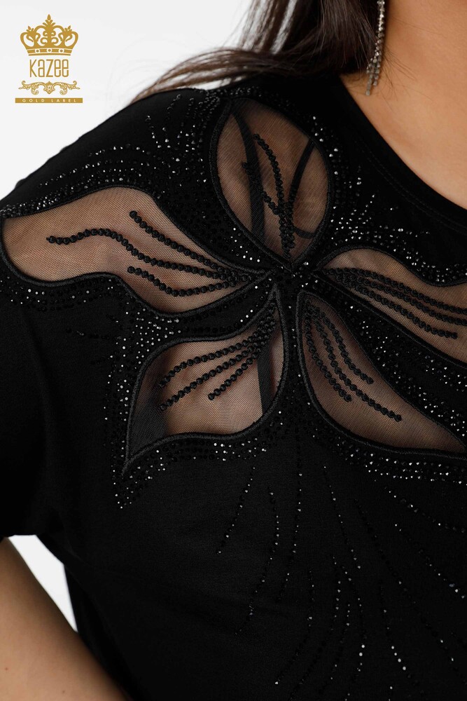 Großhandel Damenbluse - Tüll Detaillierter - Schwarz - 78908 | KAZEE - 3