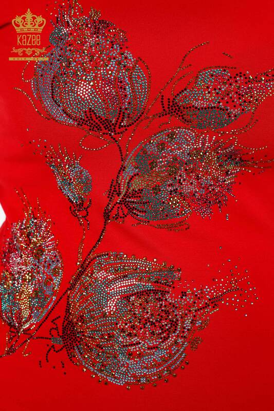 Großhandel Damenbluse - V-Ausschnitt - Farbiger Stein bestickt - Blumendetail - 79022 | KAZEE