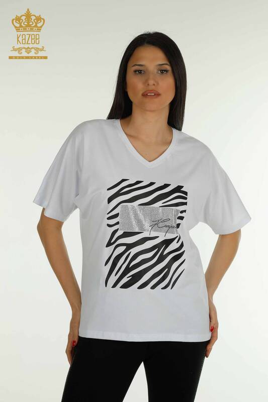 Großhandel Damen Bluse - Zebra Gestreift - Weiß - 79457 | KAZEE