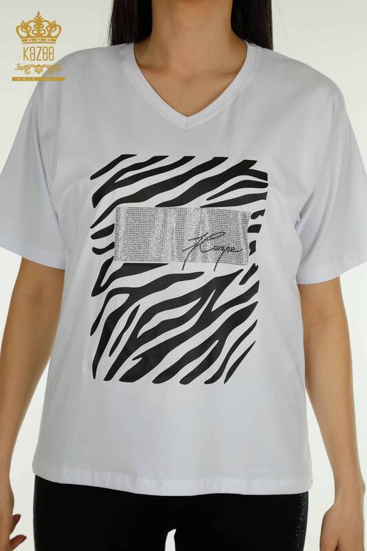 Großhandel Damen Bluse - Zebra Gestreift - Weiß - 79457 | KAZEE