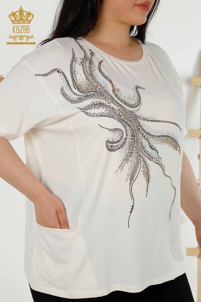 Großhandel Damen Bluse - Zwei Taschen - Ecru - 79294 | KAZEE - 2