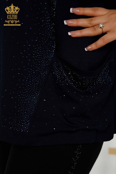 Großhandel Damen bluse - Zwei Taschen - Kurzarm - Marineblau - 79293 | KAZEE - Thumbnail