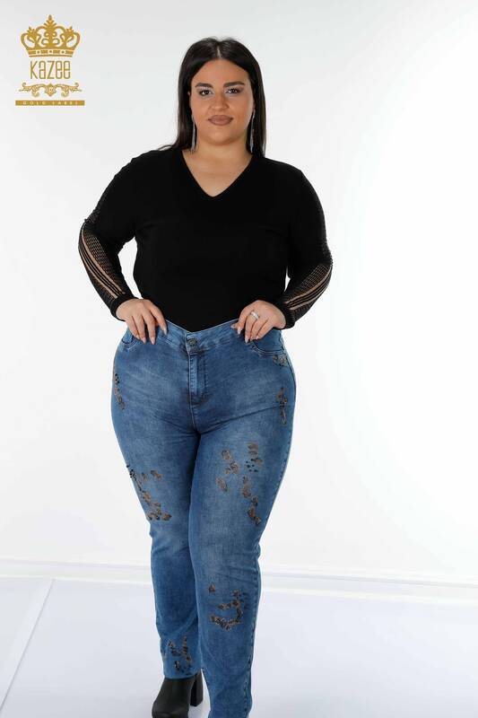 Großhandel Damen Hosen jeans - Stein bestickt - Blau - 3607 | KAZEE