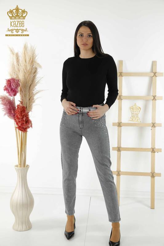 Großhandel Damen Jeans Stone Embroidered Grey - 3688 | KAZEE