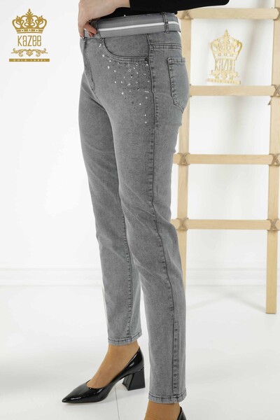 Großhandel Damen Jeans Stone Embroidered Grey - 3688 | KAZEE - Thumbnail