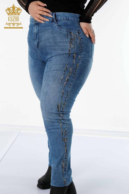Großhandel Damen jeans - Gestreift Gestickter Farbstein - Blau - 3570 | KAZEE