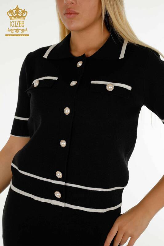 Großhandel Damen Doppel Anzug - Knopfdetail - Schwarz Ecru - 30303 | KAZEE