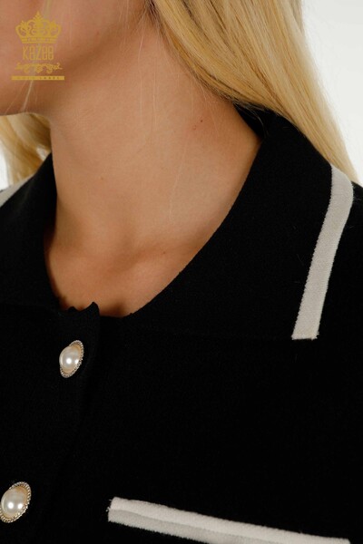 Großhandel Damen Doppel Anzug - Knopfdetail - Schwarz Ecru - 30303 | KAZEE - Thumbnail