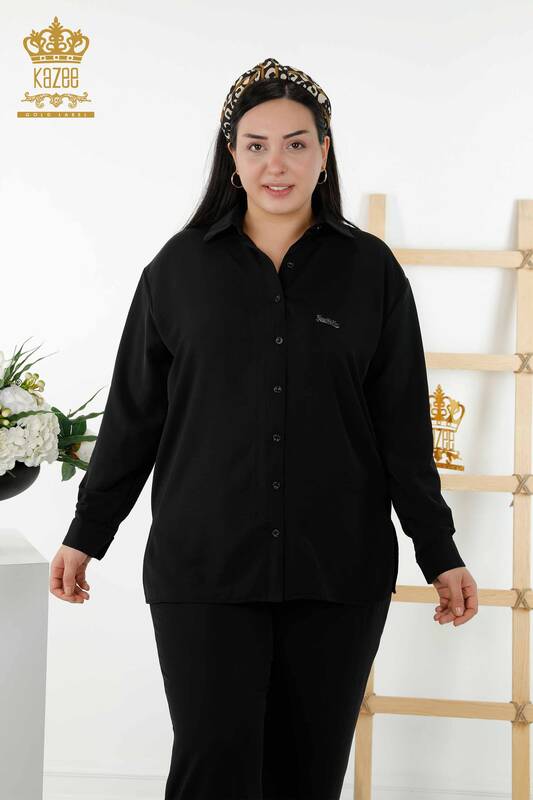Großhandels-Hemd-Anzug der Frauen - Rückseite Knopf ausführlich - Schwarz - 20320 | KAZEE