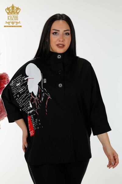 Großhandel Damenhemd Halbe Knopfleiste Schwarz - 20307 | KAZEE - Thumbnail