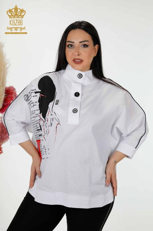 Großhandel Damenhemd Halbe Knopfleiste Weiß - 20307 | KAZEE