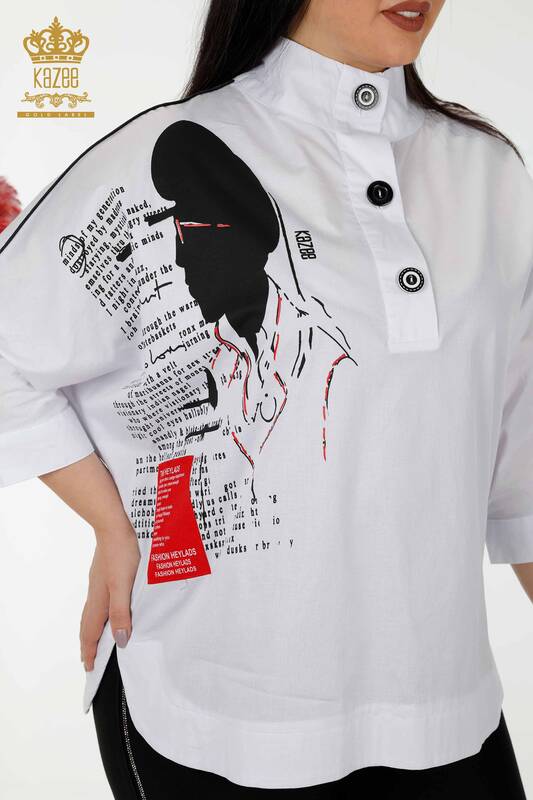 Großhandel Damenhemd Halbe Knopfleiste Weiß - 20307 | KAZEE