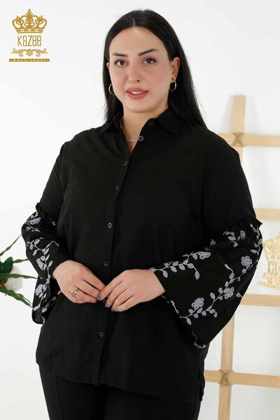 Großhandel Damenhemd - Ärmel Blume bestickt - Schwarz - 20353 | KAZEE - Thumbnail