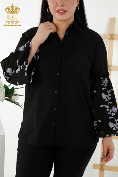 Großhandel Damenhemd - Ärmel Blume bestickt - Schwarz - 20353 | KAZEE - Thumbnail