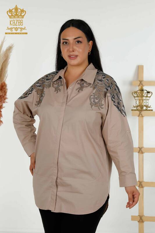 Großhandel Damen-Hemd im - Schulter Details - Beige - 20440 | KAZEE