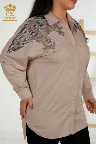 Großhandel Damen-Hemd im - Schulter Details - Beige - 20440 | KAZEE - Thumbnail