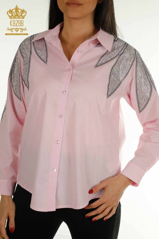 Großhandel Damen-Hemd im - Schulter Details - Rosa - 20478 | KAZEE