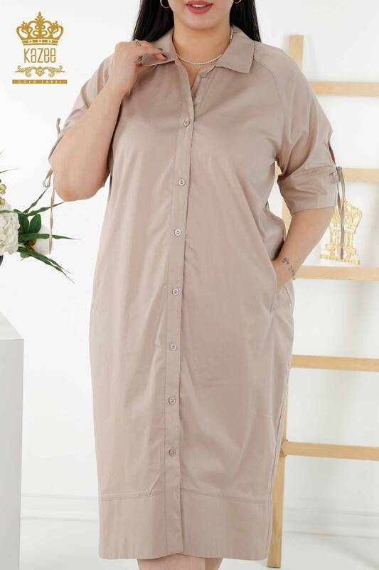 Großhandel Damen Hemdkleid - Kettenmuster - Beige - 20379 | KAZEE