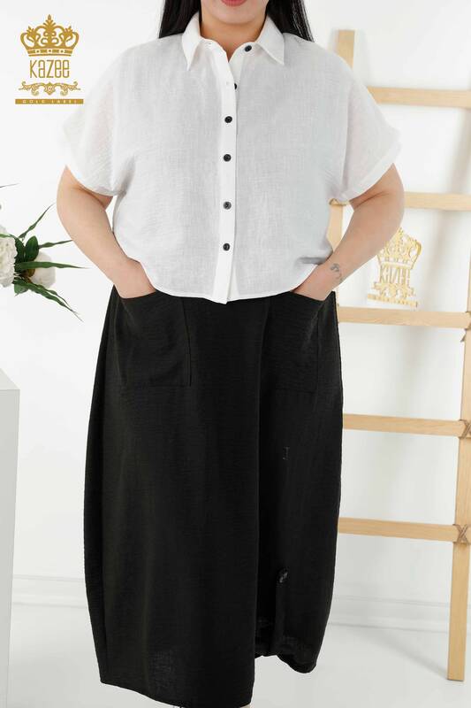 Großhandel Damen Hemdkleid Kurzarm Gemustert - Weiß - 20377 | KAZEE