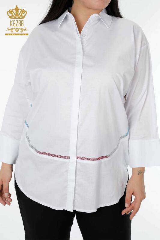 Großhandel Damenhemd Gemusterter Rücken Weiß - 20006 | KAZEE