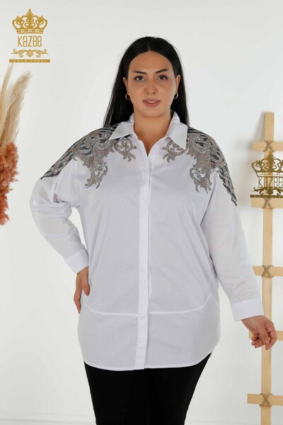 Kazee - Großhandel Damen-Hemd im - Schulterdetails - Weiß - 20440 | KAZEE