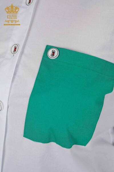 Großhandel Damenhemd Detailliert mit Tasche Weiß Grün - 20309 | KAZEE - Thumbnail